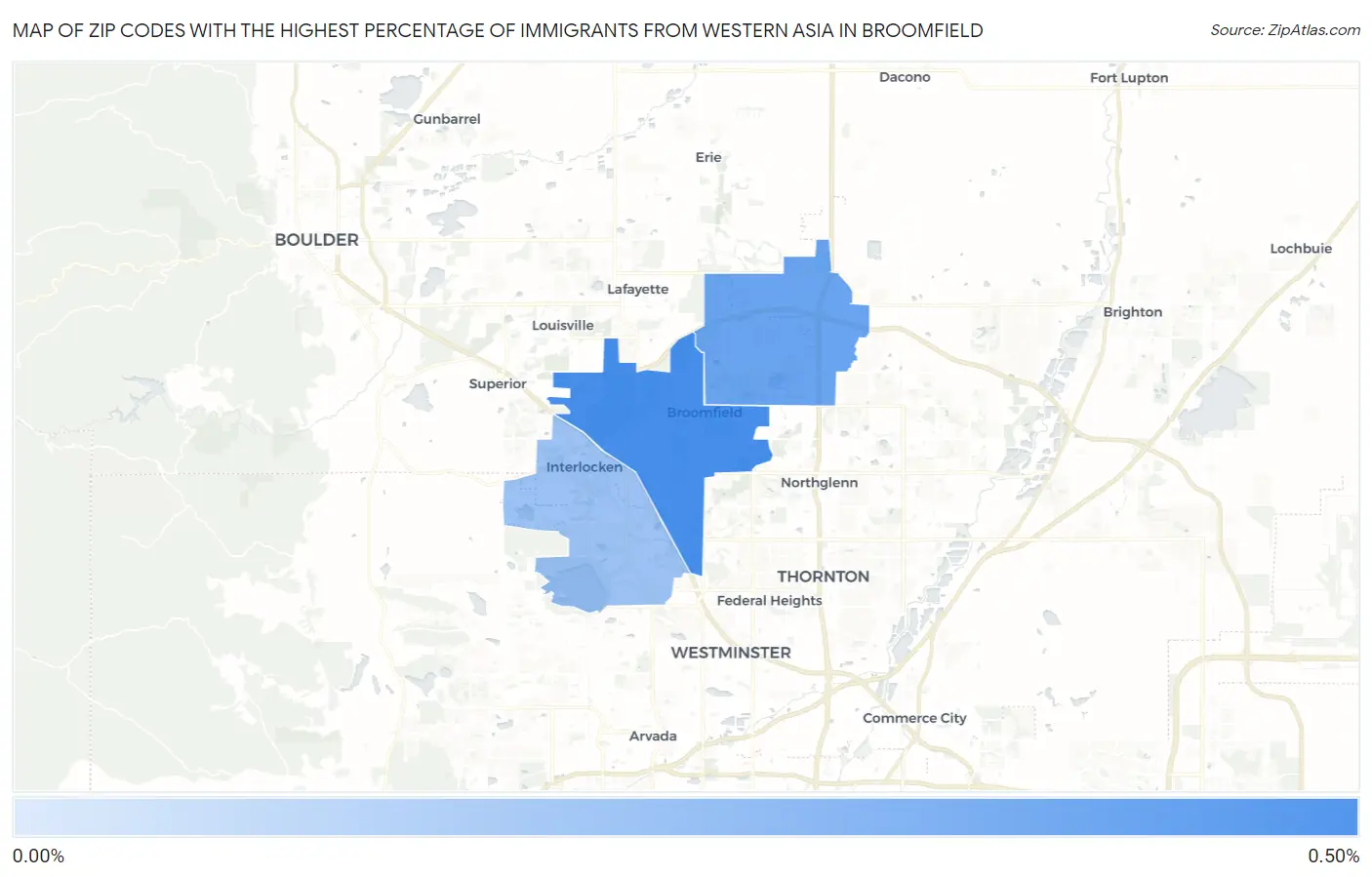 Zip Codes with the Highest Percentage of Immigrants from Western Asia in Broomfield Map