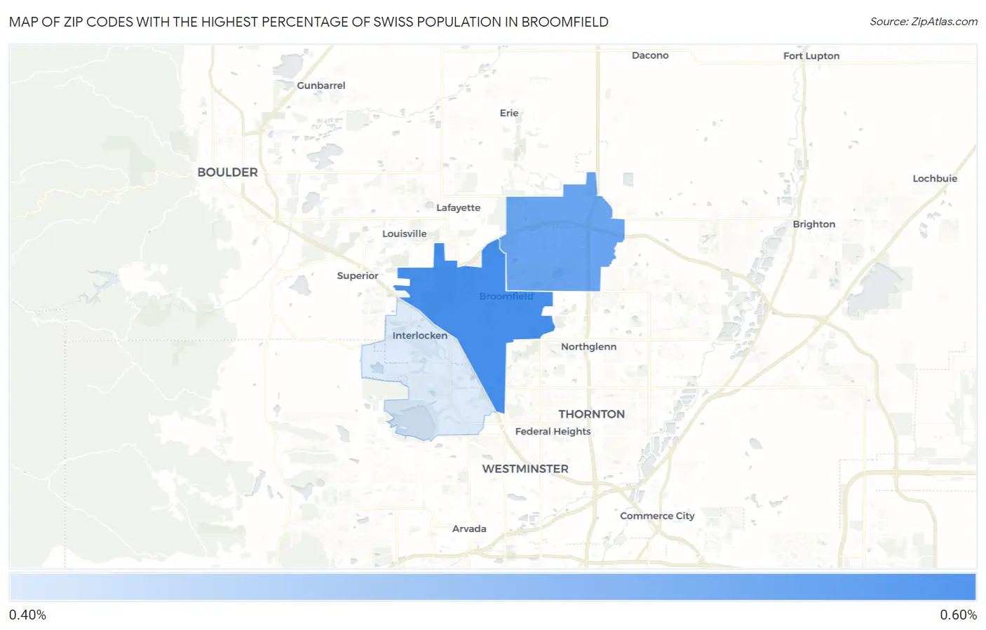 Zip Codes with the Highest Percentage of Swiss Population in Broomfield Map