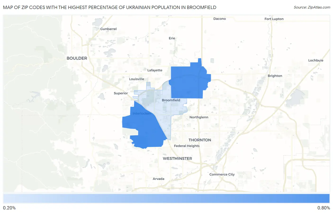 Zip Codes with the Highest Percentage of Ukrainian Population in Broomfield Map