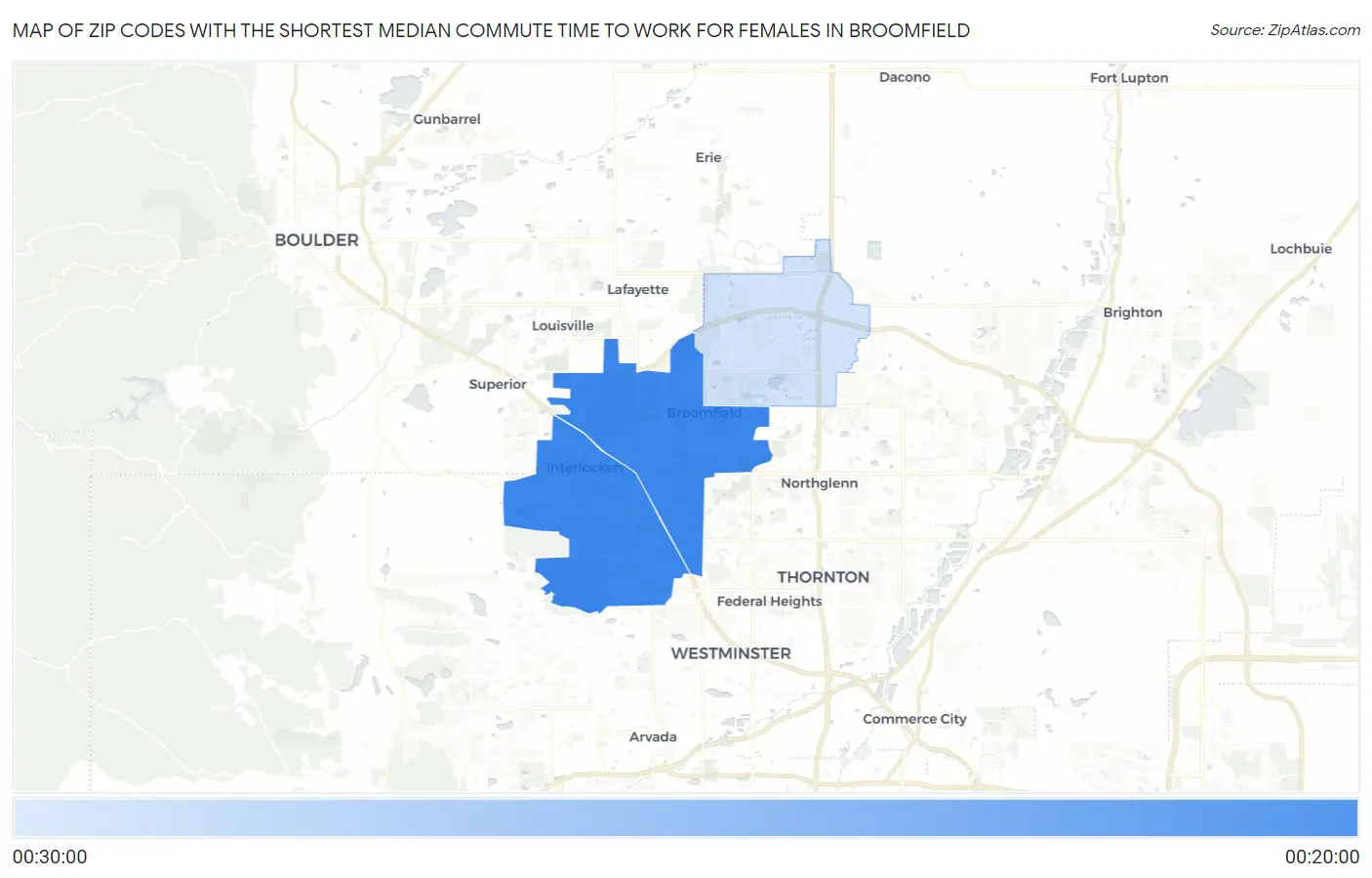 Zip Codes with the Shortest Median Commute Time to Work for Females in Broomfield Map