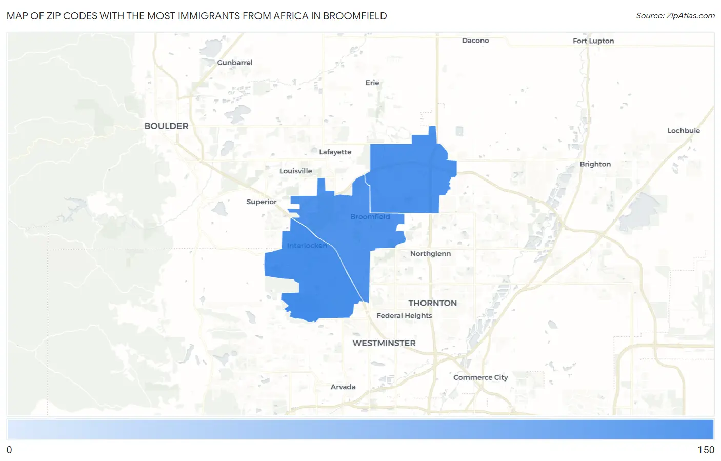 Zip Codes with the Most Immigrants from Africa in Broomfield Map