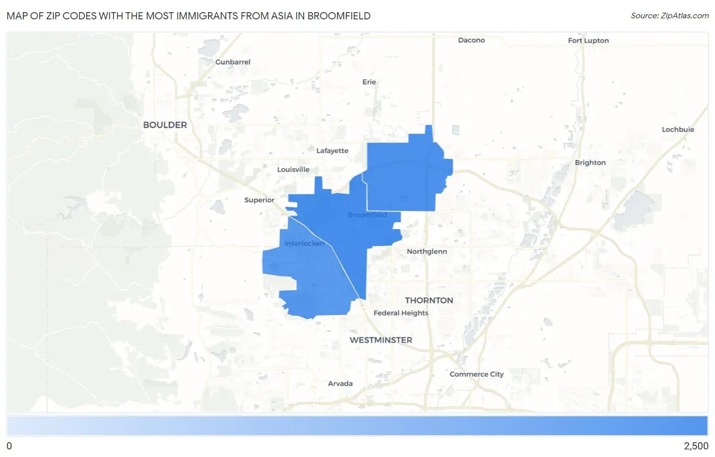 Zip Codes with the Most Immigrants from Asia in Broomfield Map