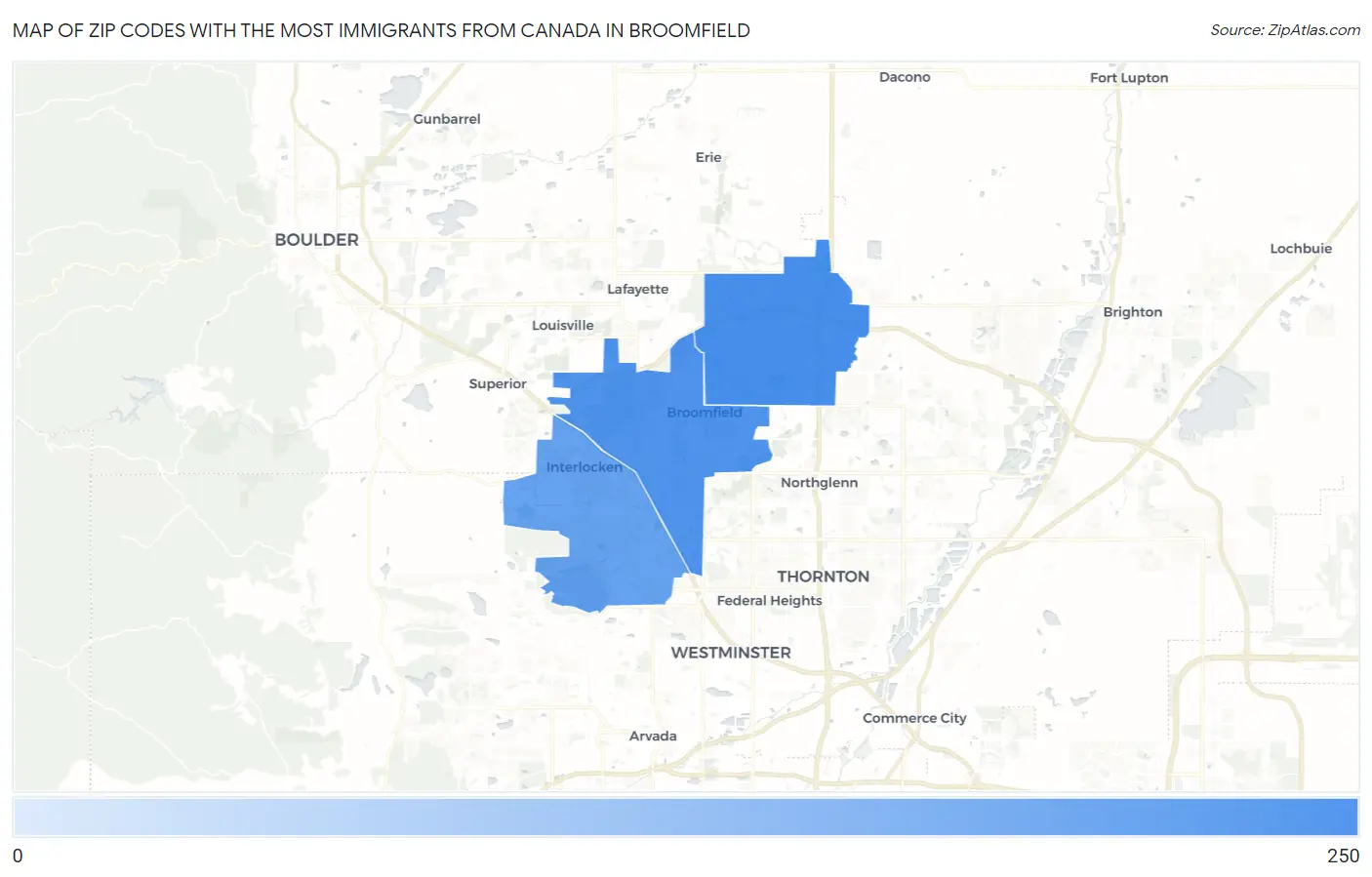 Zip Codes with the Most Immigrants from Canada in Broomfield Map