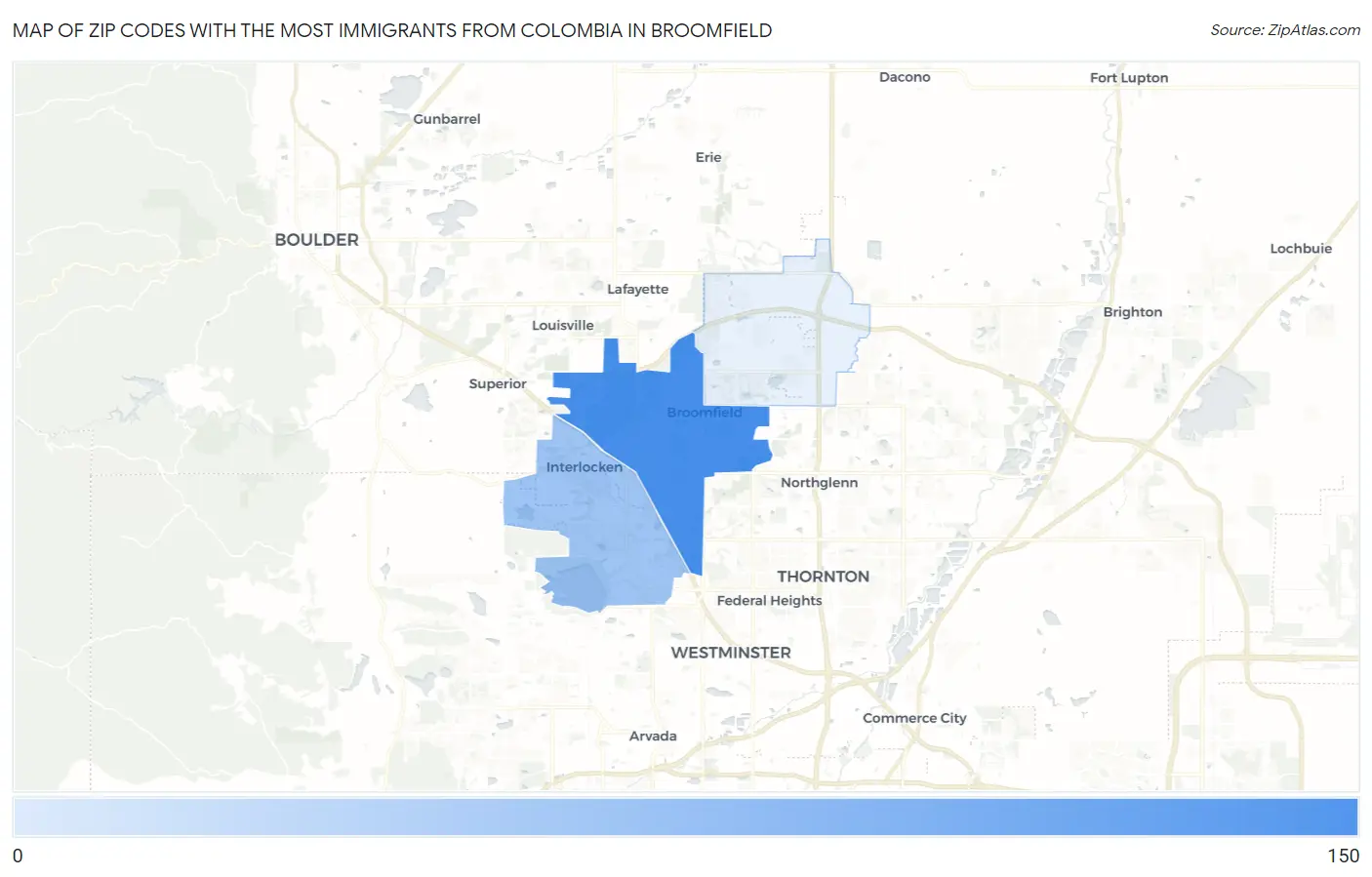 Zip Codes with the Most Immigrants from Colombia in Broomfield Map
