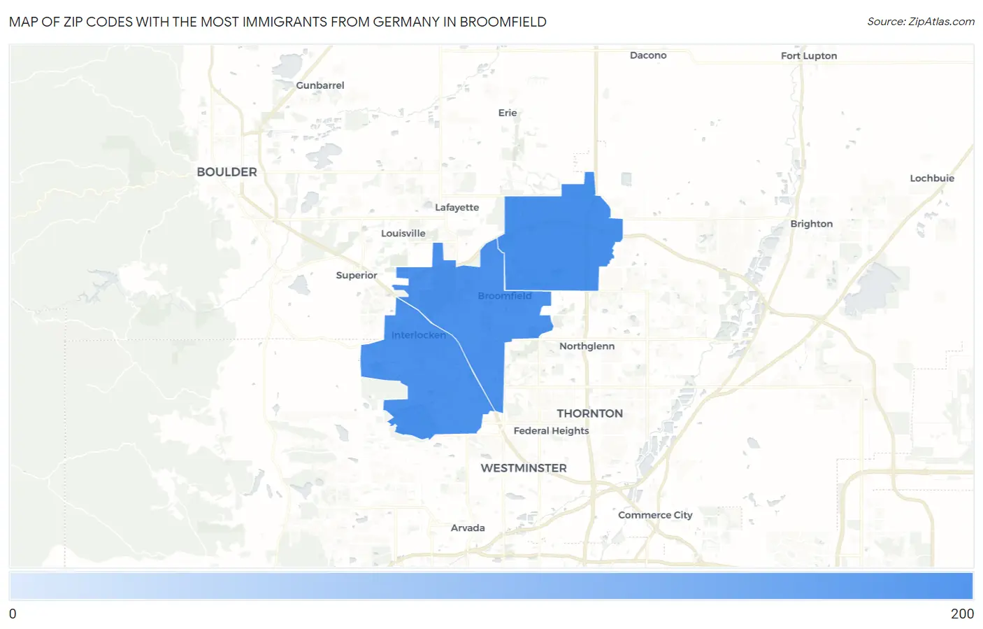 Zip Codes with the Most Immigrants from Germany in Broomfield Map