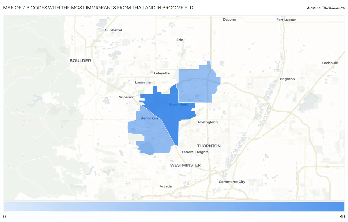 Zip Codes with the Most Immigrants from Thailand in Broomfield Map