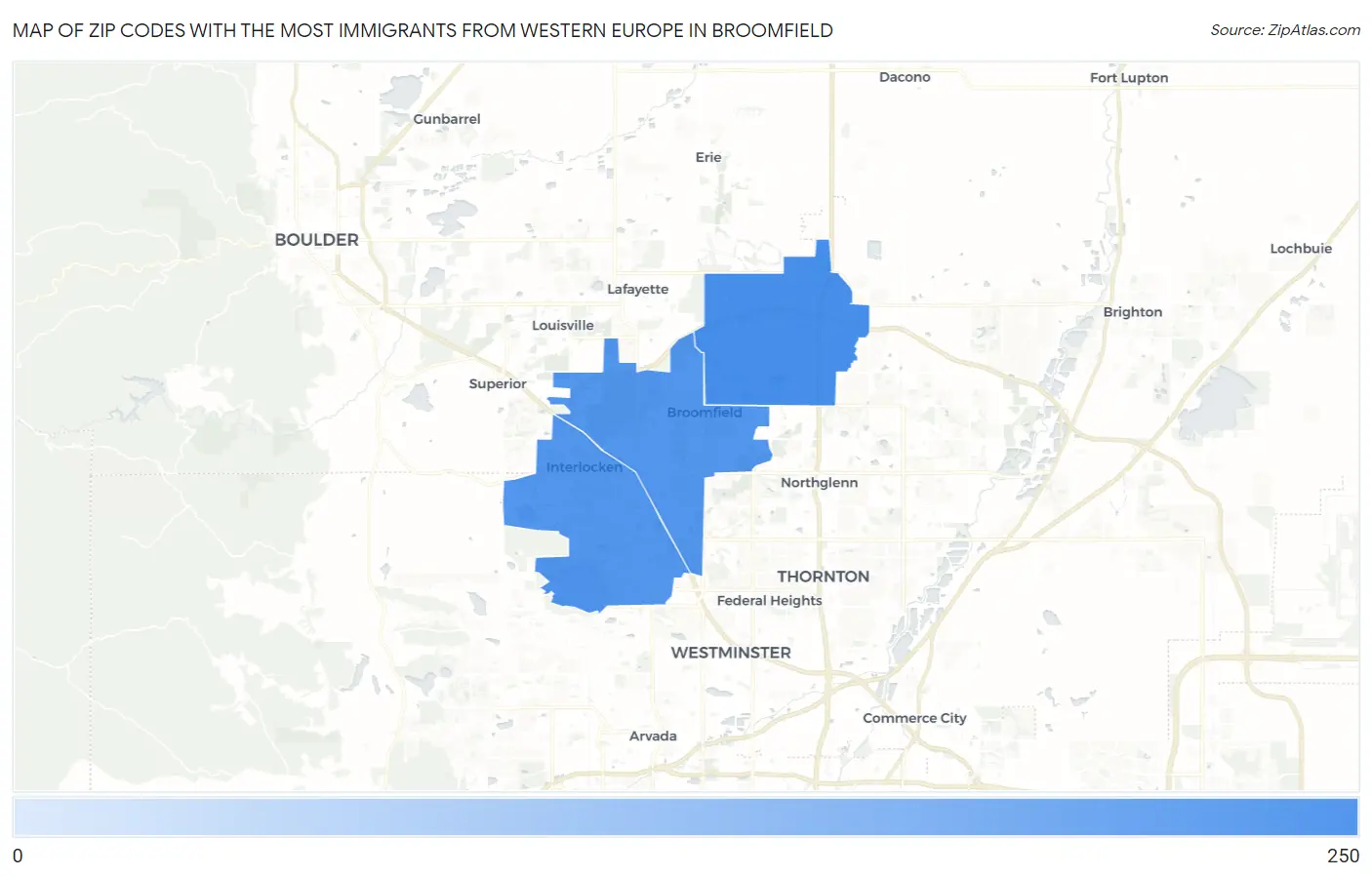 Zip Codes with the Most Immigrants from Western Europe in Broomfield Map