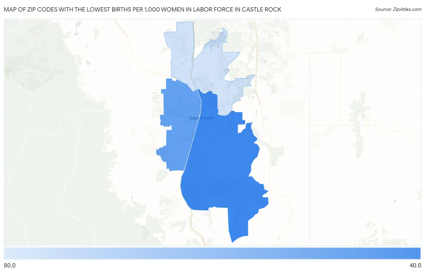 Zip Codes with the Lowest Births per 1,000 Women in Labor Force in Castle Rock Map
