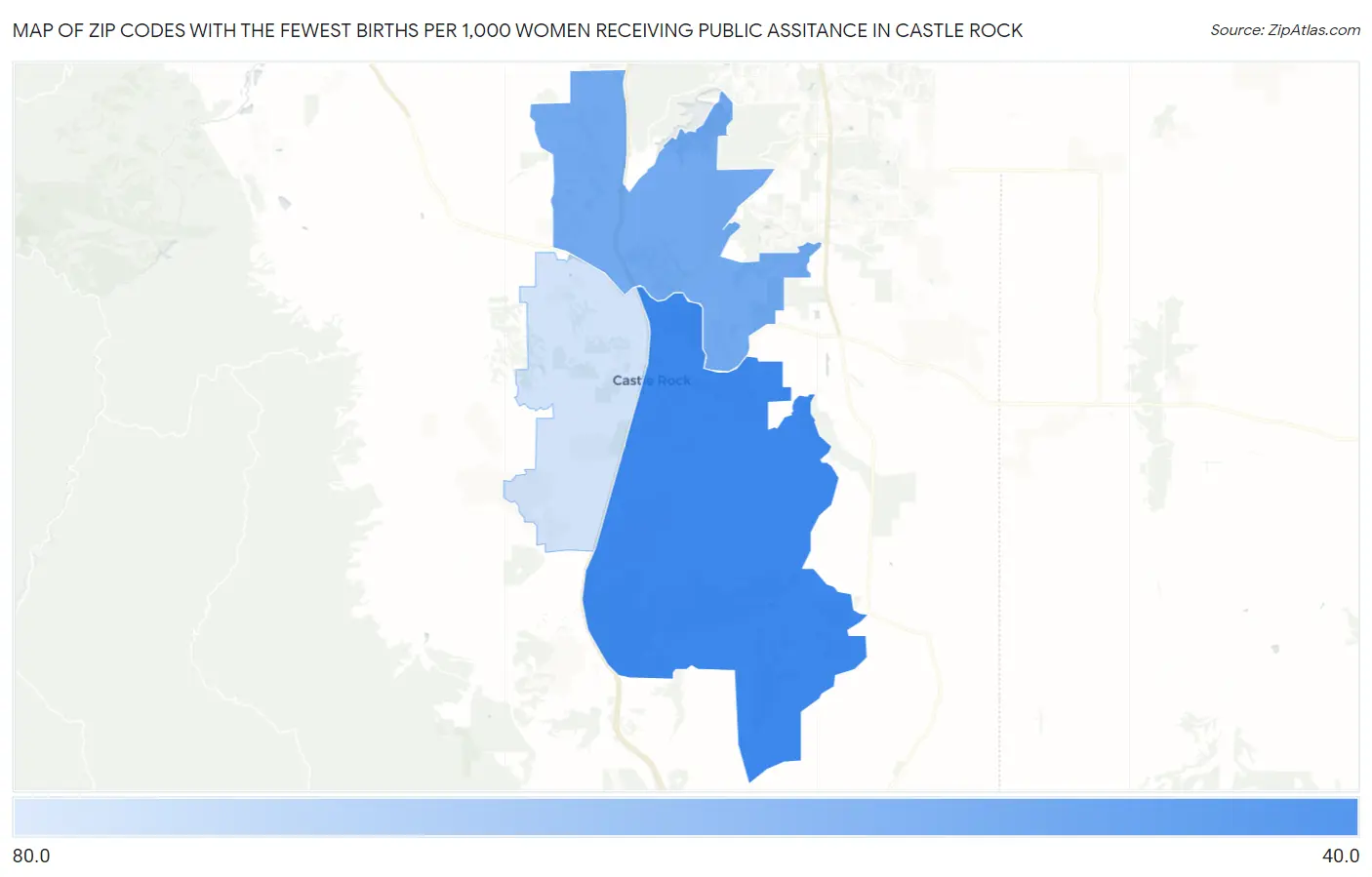 Zip Codes with the Fewest Births per 1,000 Women Receiving Public Assitance in Castle Rock Map