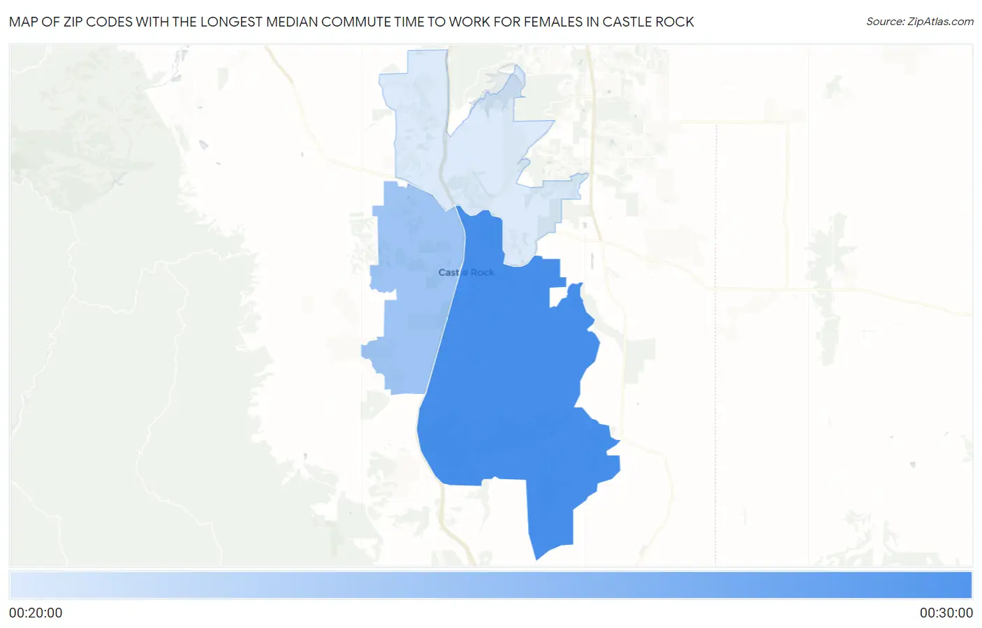 Zip Codes with the Longest Median Commute Time to Work for Females in Castle Rock Map