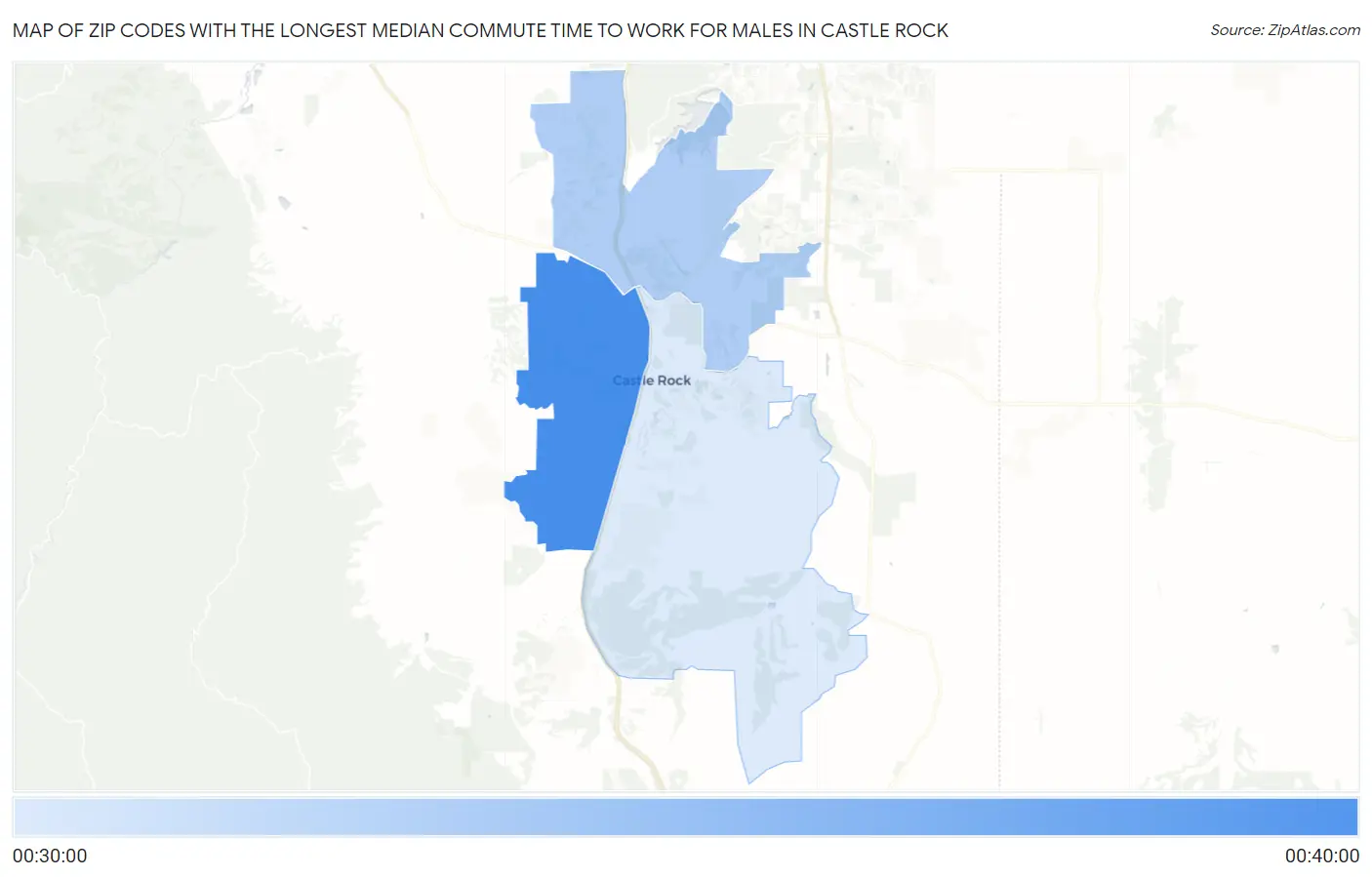 Zip Codes with the Longest Median Commute Time to Work for Males in Castle Rock Map
