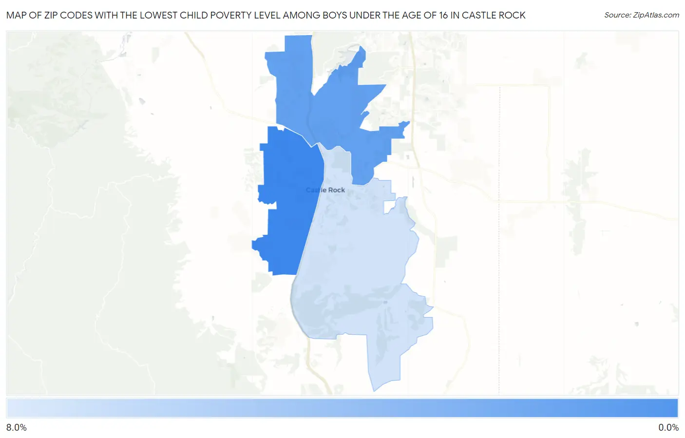 Zip Codes with the Lowest Child Poverty Level Among Boys Under the Age of 16 in Castle Rock Map