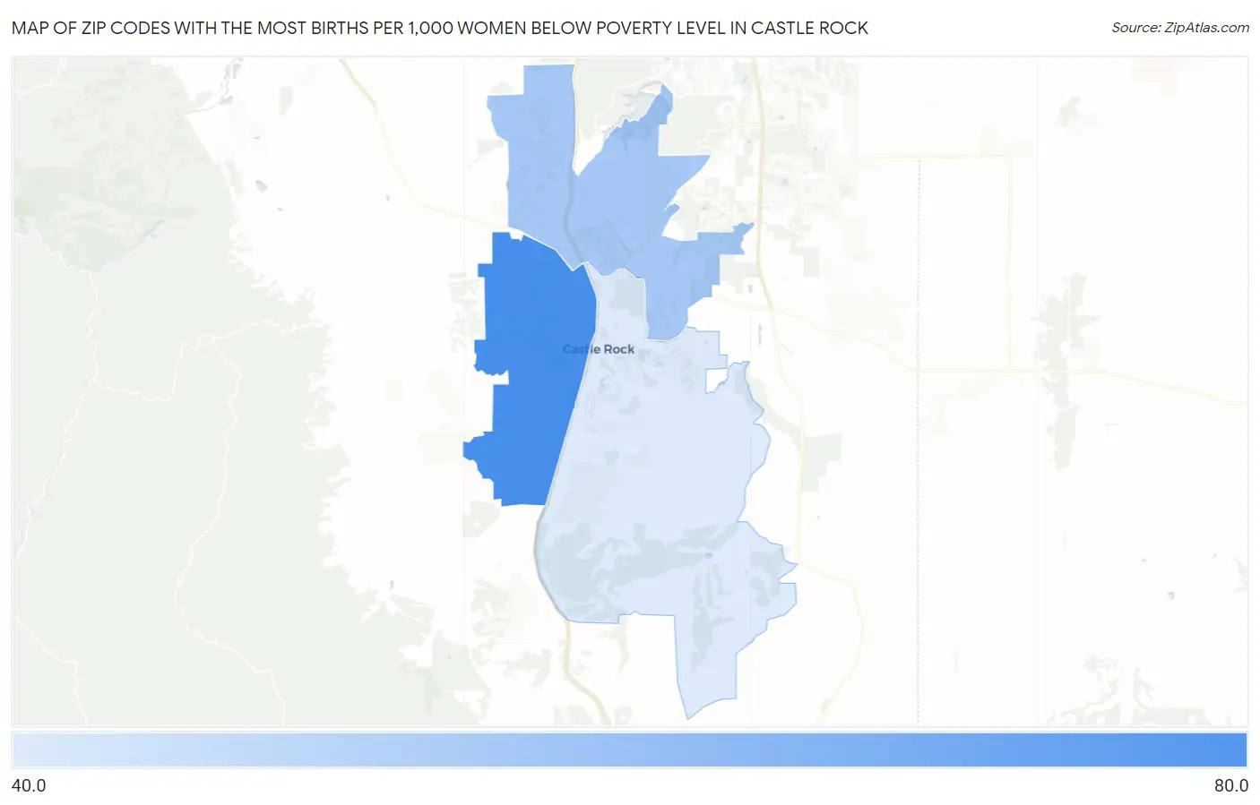 Zip Codes with the Most Births per 1,000 Women Below Poverty Level in Castle Rock Map
