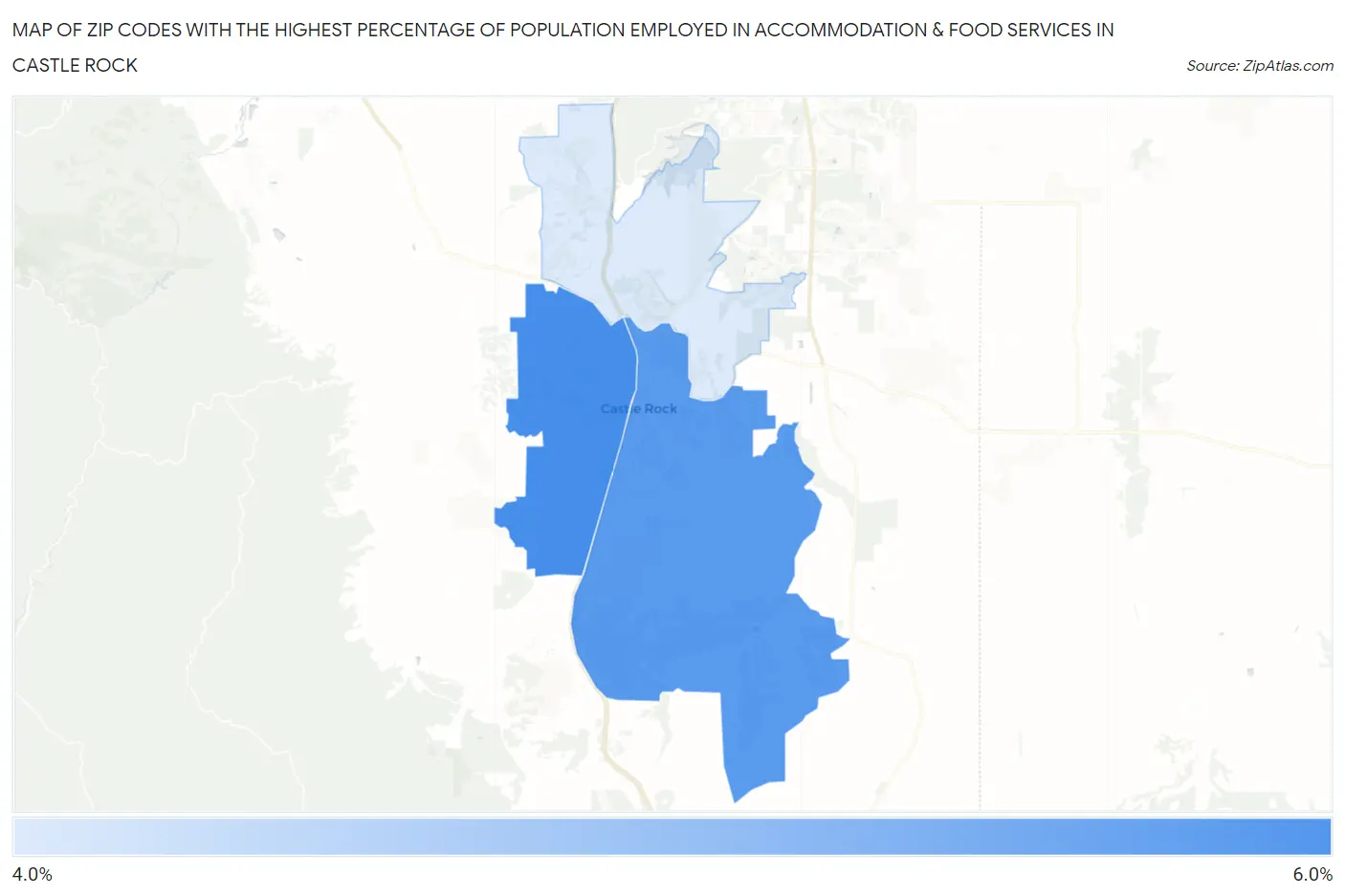 Zip Codes with the Highest Percentage of Population Employed in Accommodation & Food Services in Castle Rock Map