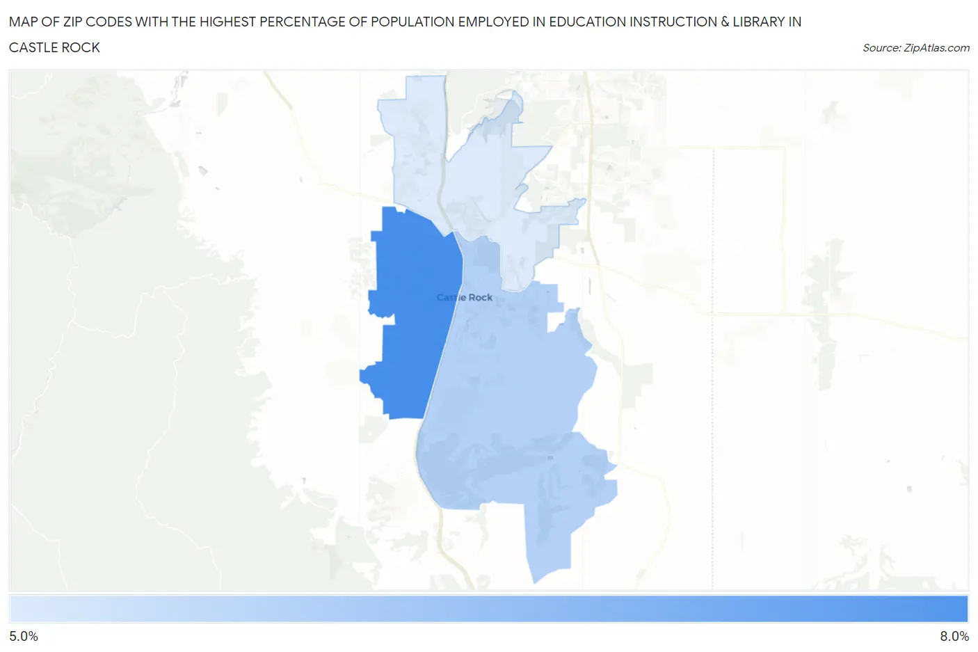 Zip Codes with the Highest Percentage of Population Employed in Education Instruction & Library in Castle Rock Map
