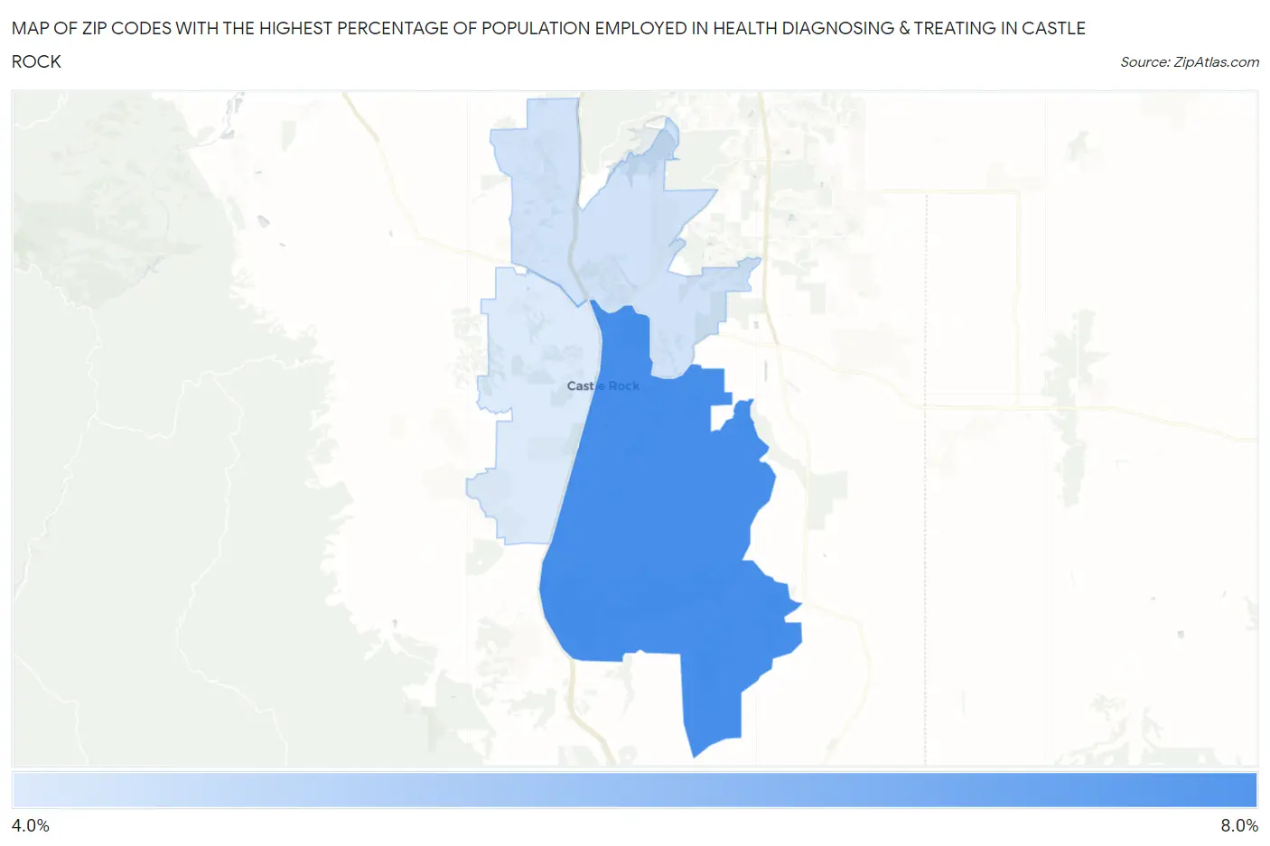 Zip Codes with the Highest Percentage of Population Employed in Health Diagnosing & Treating in Castle Rock Map