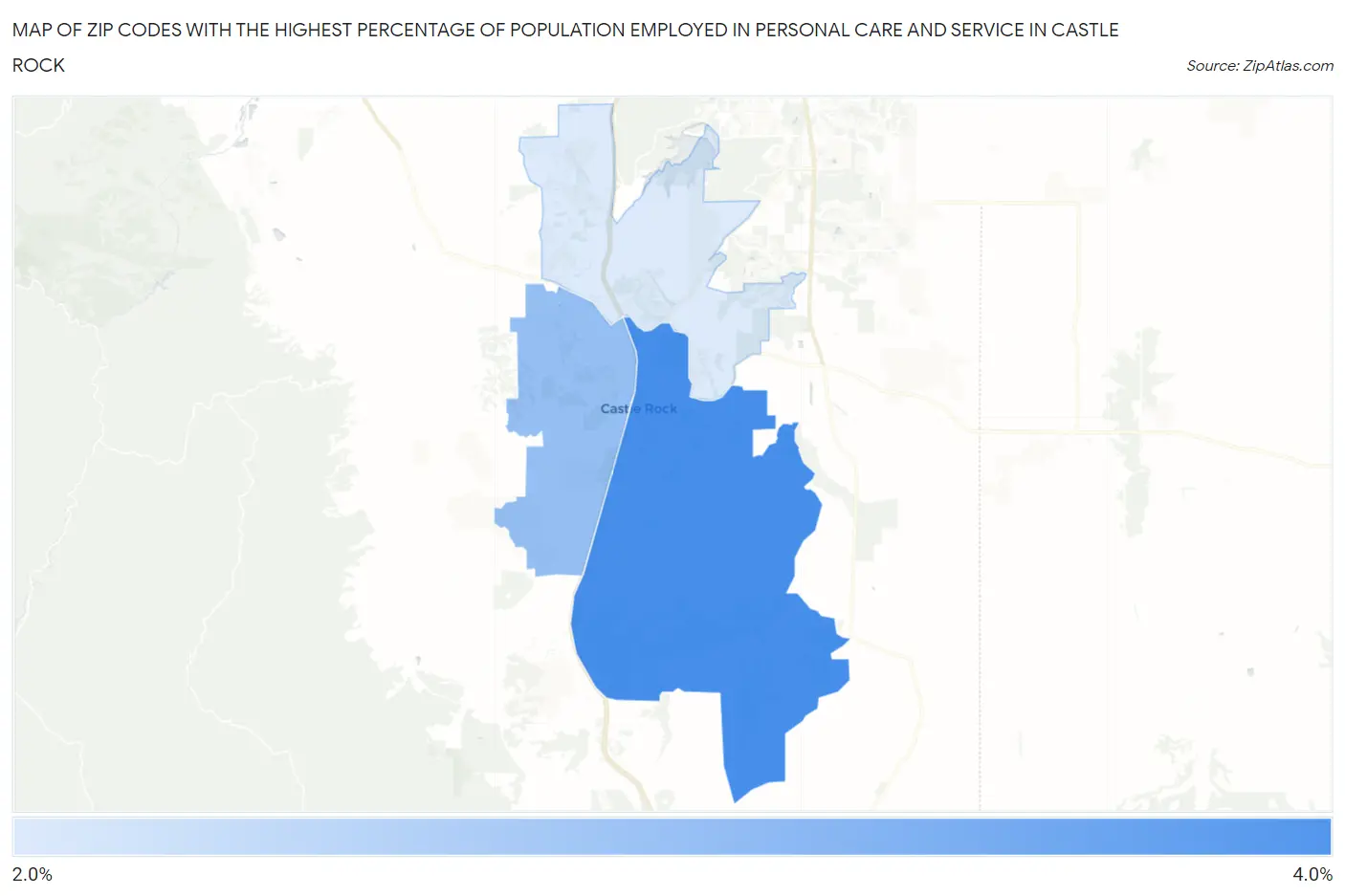 Zip Codes with the Highest Percentage of Population Employed in Personal Care and Service in Castle Rock Map