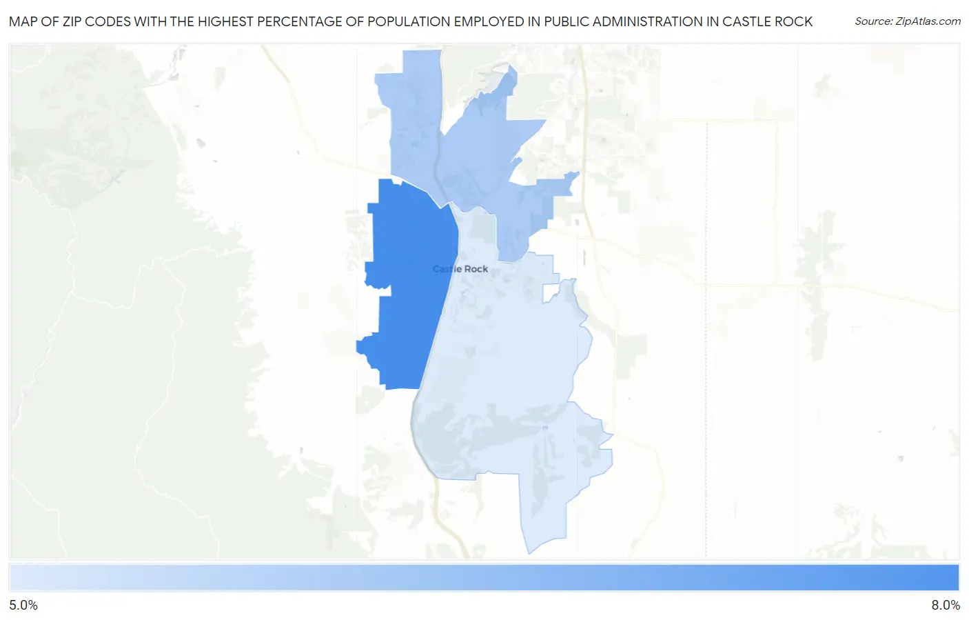 Zip Codes with the Highest Percentage of Population Employed in Public Administration in Castle Rock Map
