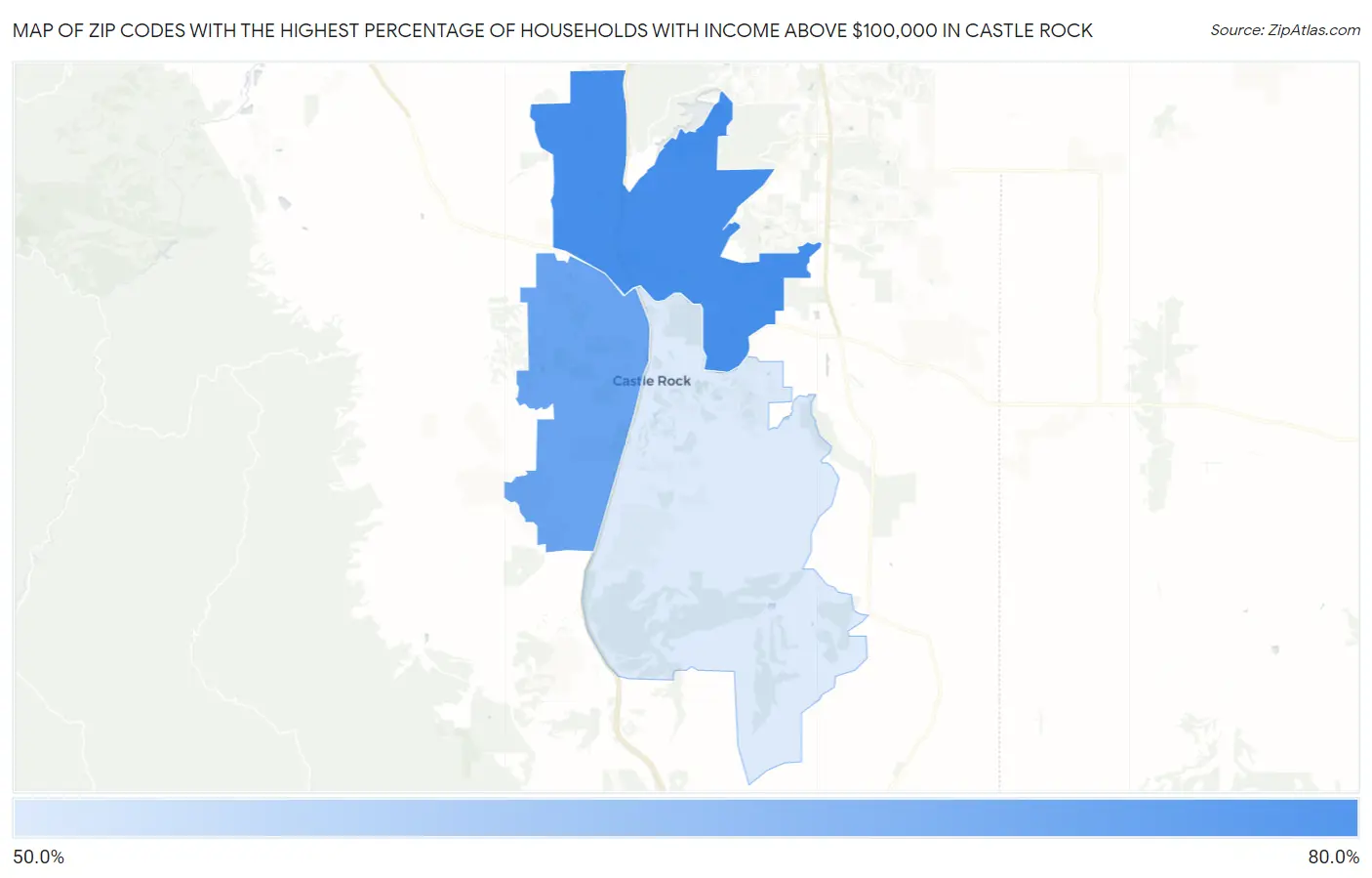Zip Codes with the Highest Percentage of Households with Income Above $100,000 in Castle Rock Map