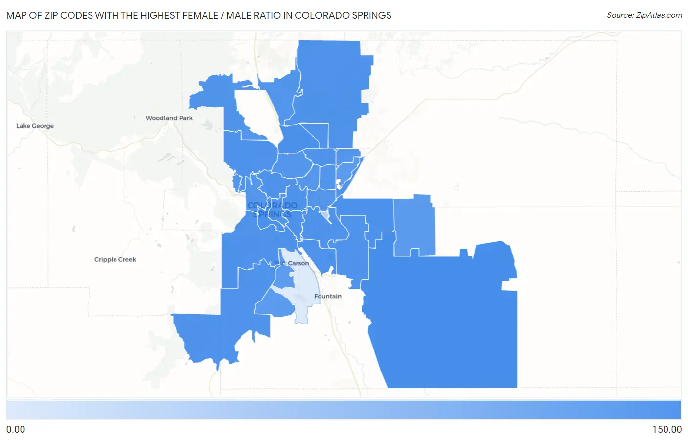 Zip Codes with the Highest Female / Male Ratio in Colorado Springs Map
