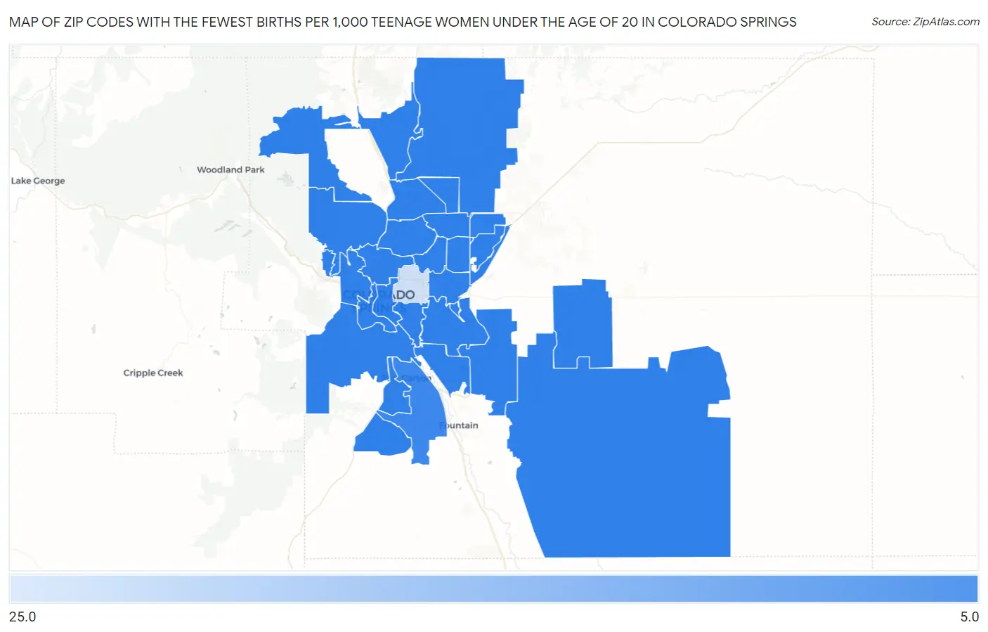 Zip Codes with the Fewest Births per 1,000 Teenage Women Under the Age of 20 in Colorado Springs Map