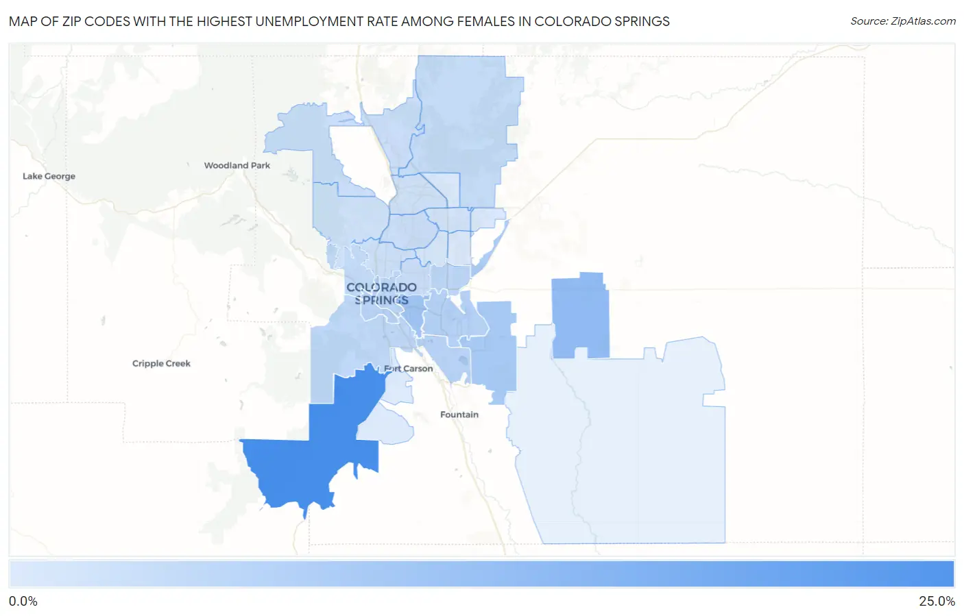 Zip Codes with the Highest Unemployment Rate Among Females in Colorado Springs Map