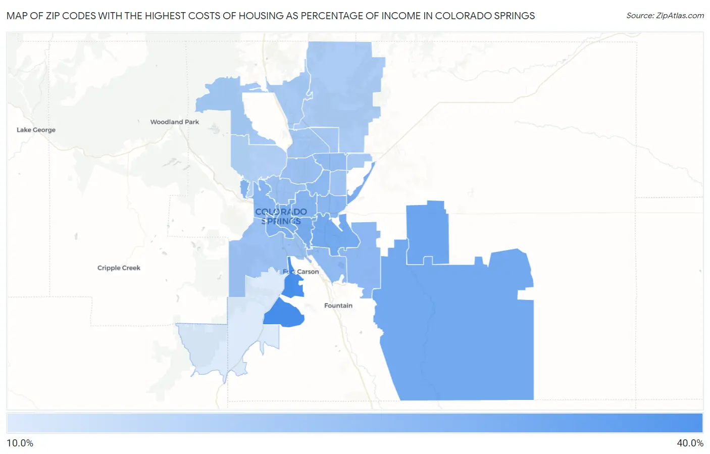 Zip Codes with the Highest Costs of Housing as Percentage of Income in Colorado Springs Map