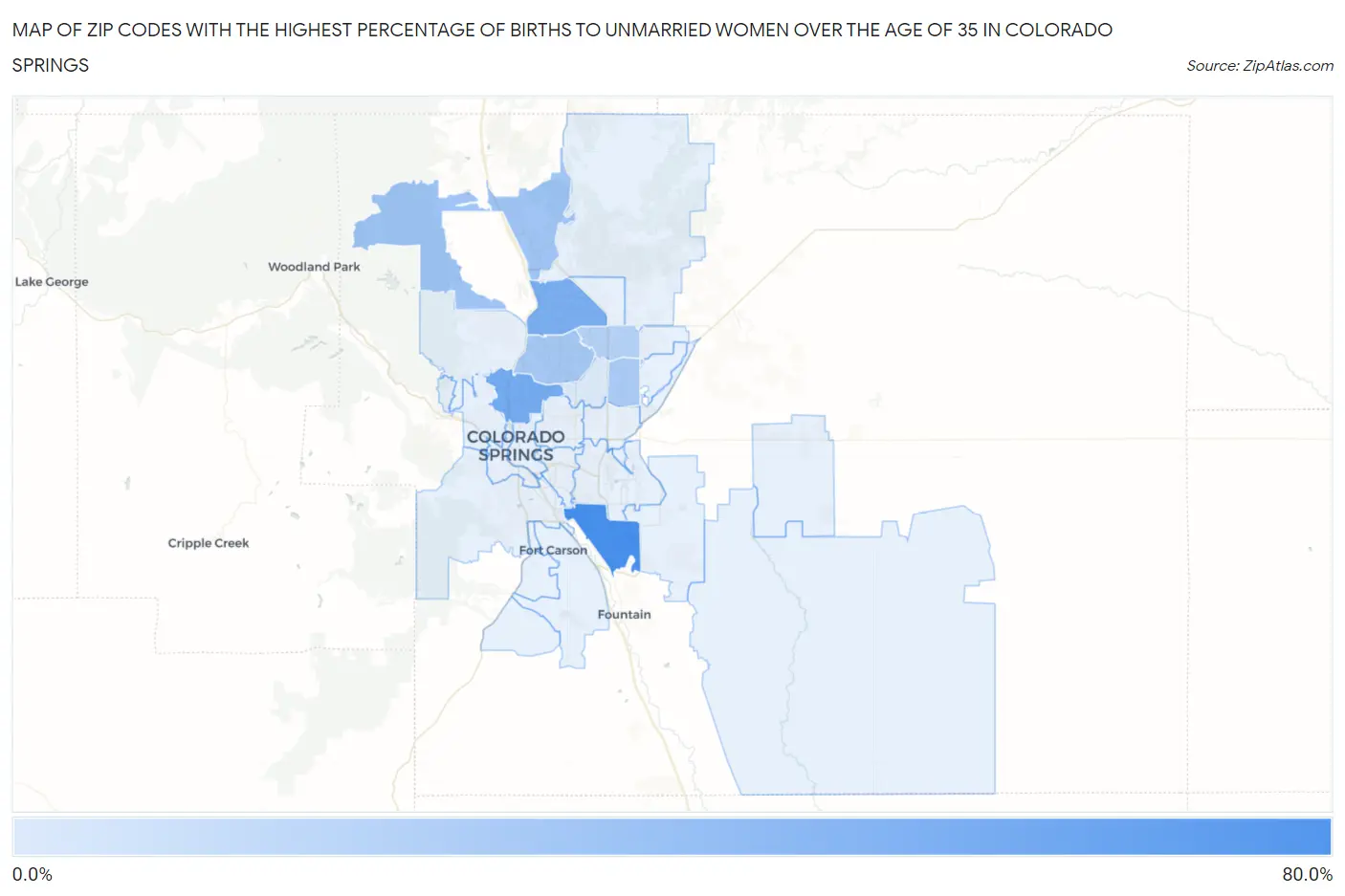 Zip Codes with the Highest Percentage of Births to Unmarried Women over the Age of 35 in Colorado Springs Map