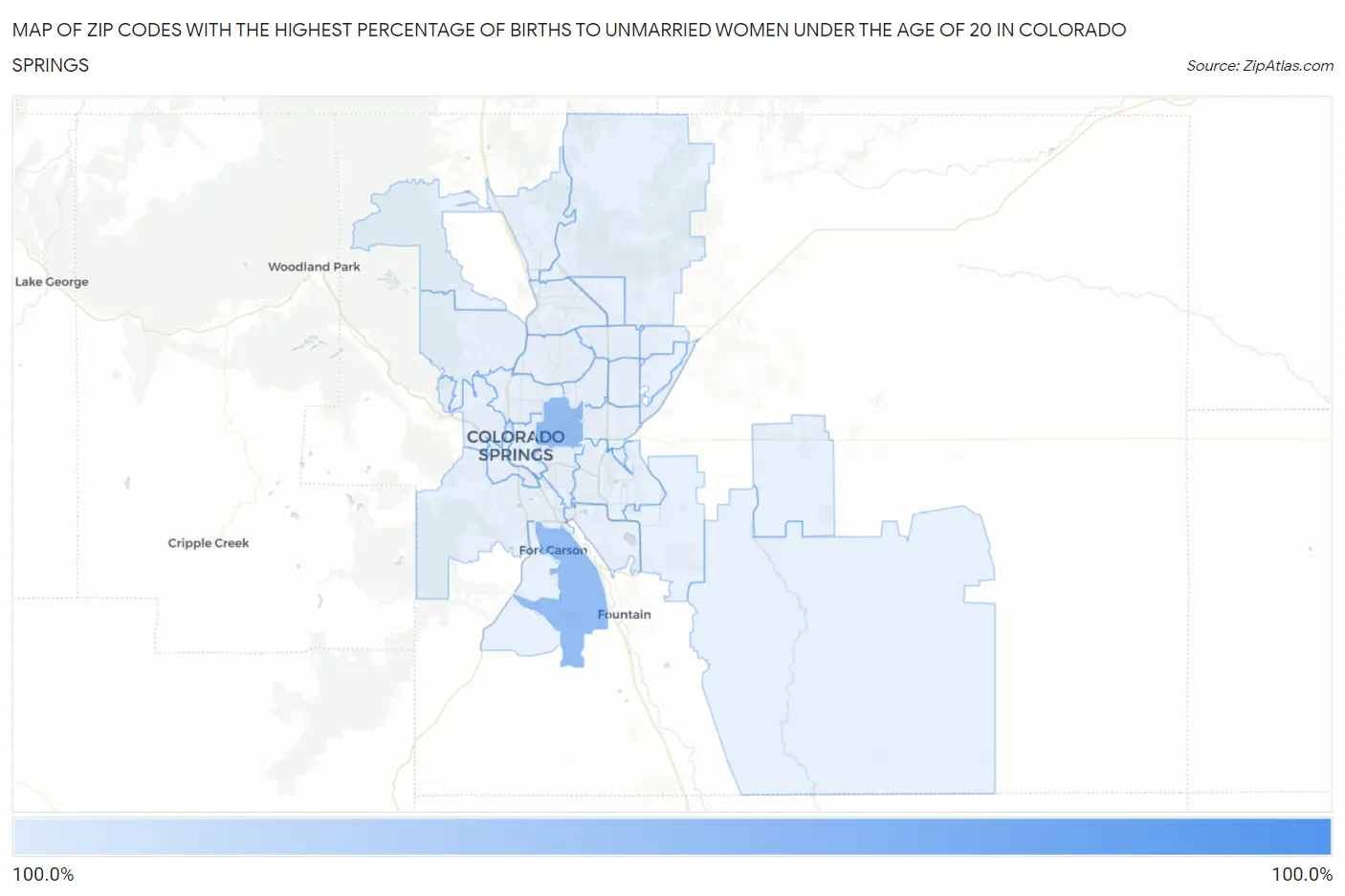 Zip Codes with the Highest Percentage of Births to Unmarried Women under the Age of 20 in Colorado Springs Map