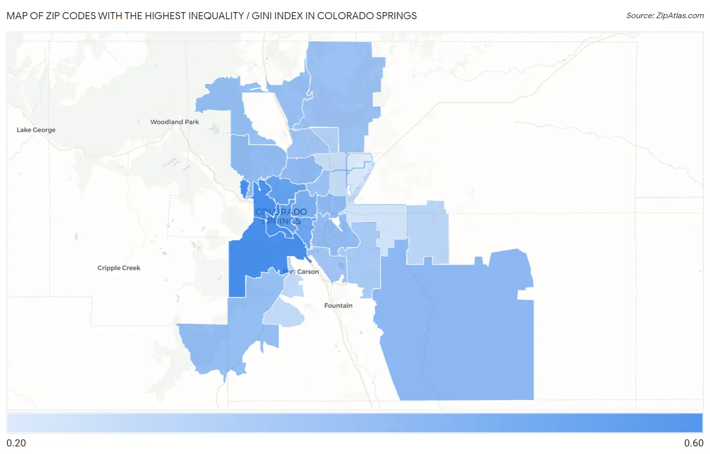 Zip Codes with the Highest Inequality / Gini Index in Colorado Springs Map