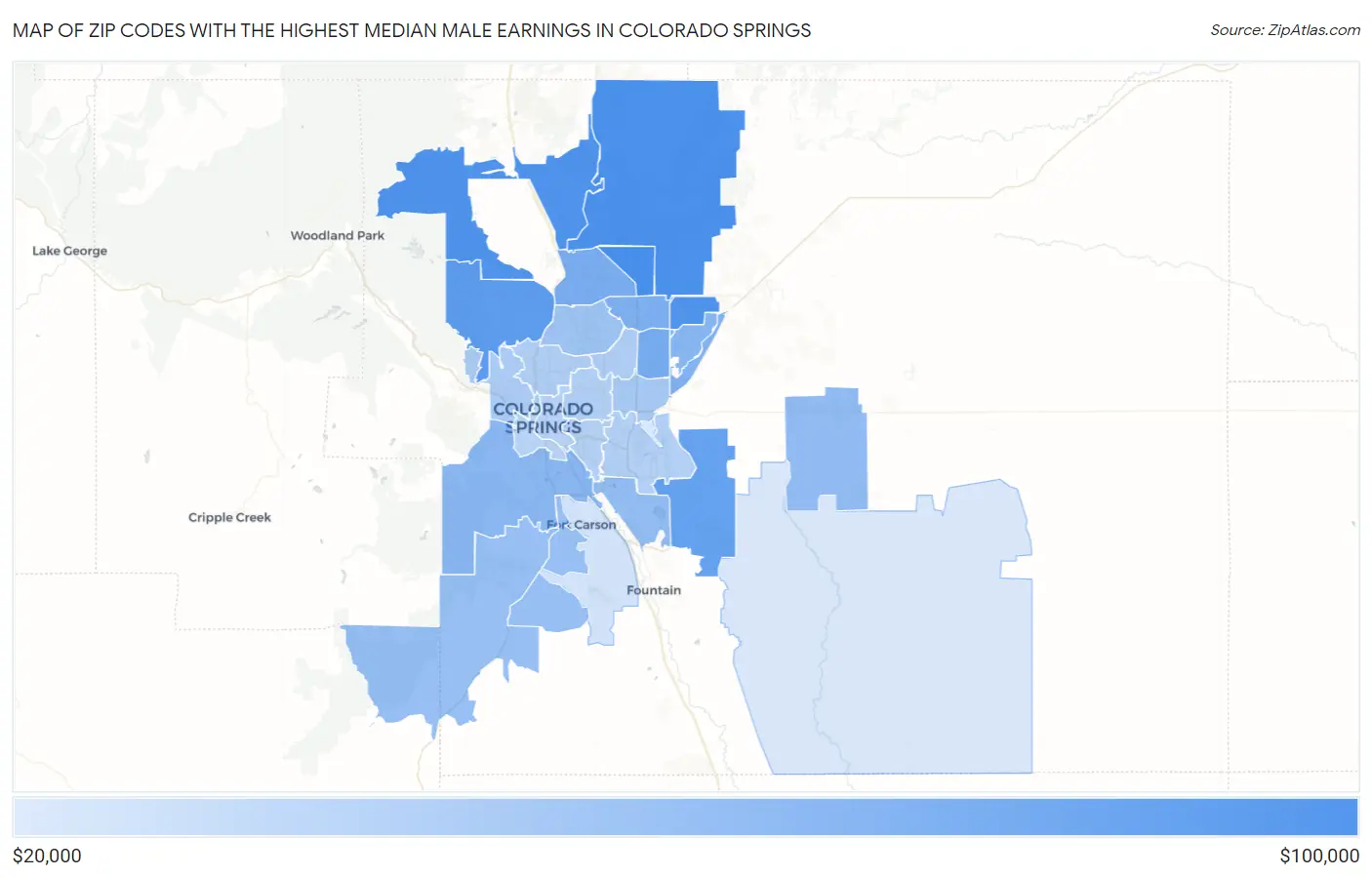 Zip Codes with the Highest Median Male Earnings in Colorado Springs Map