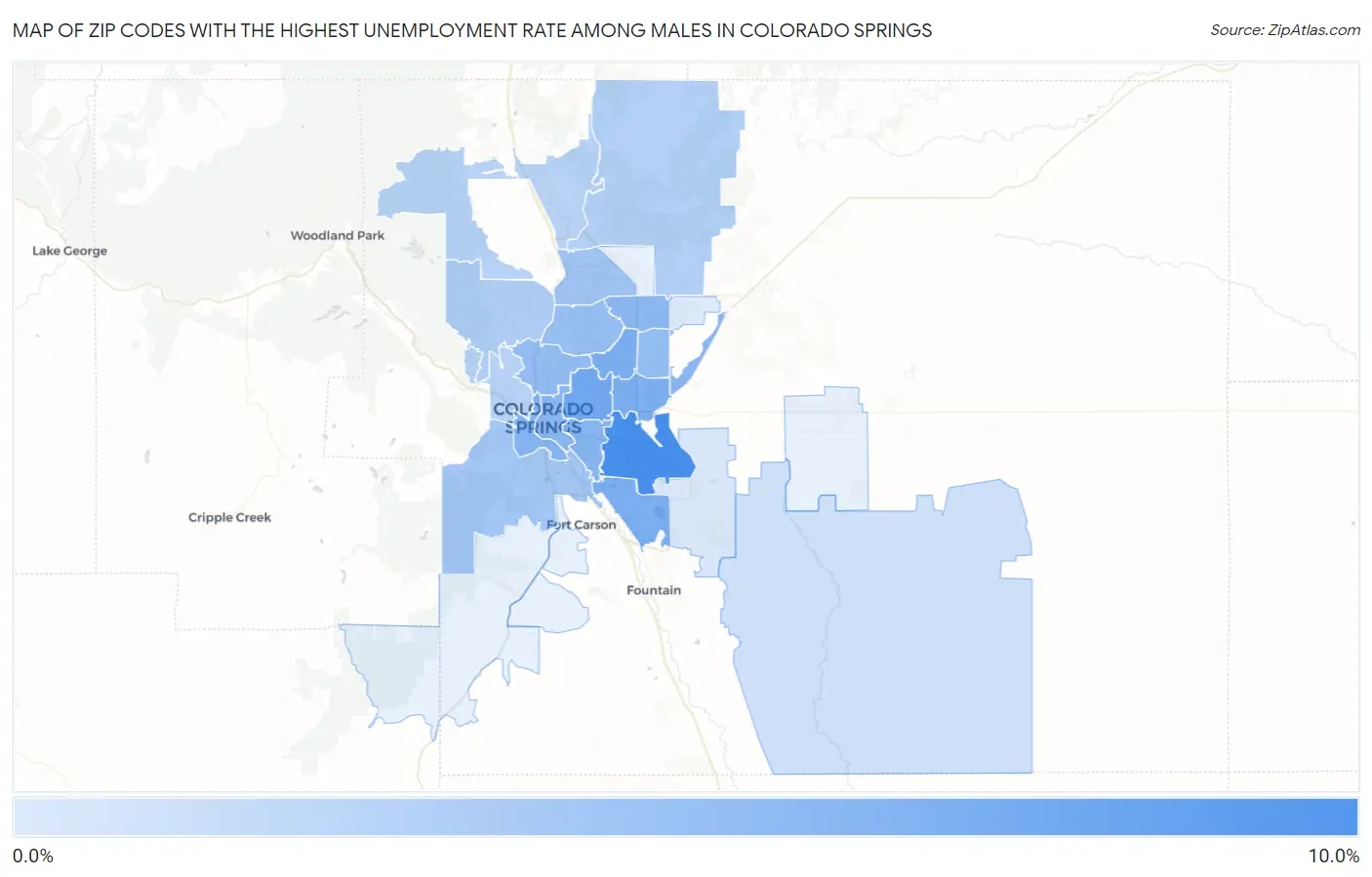 Zip Codes with the Highest Unemployment Rate Among Males in Colorado Springs Map