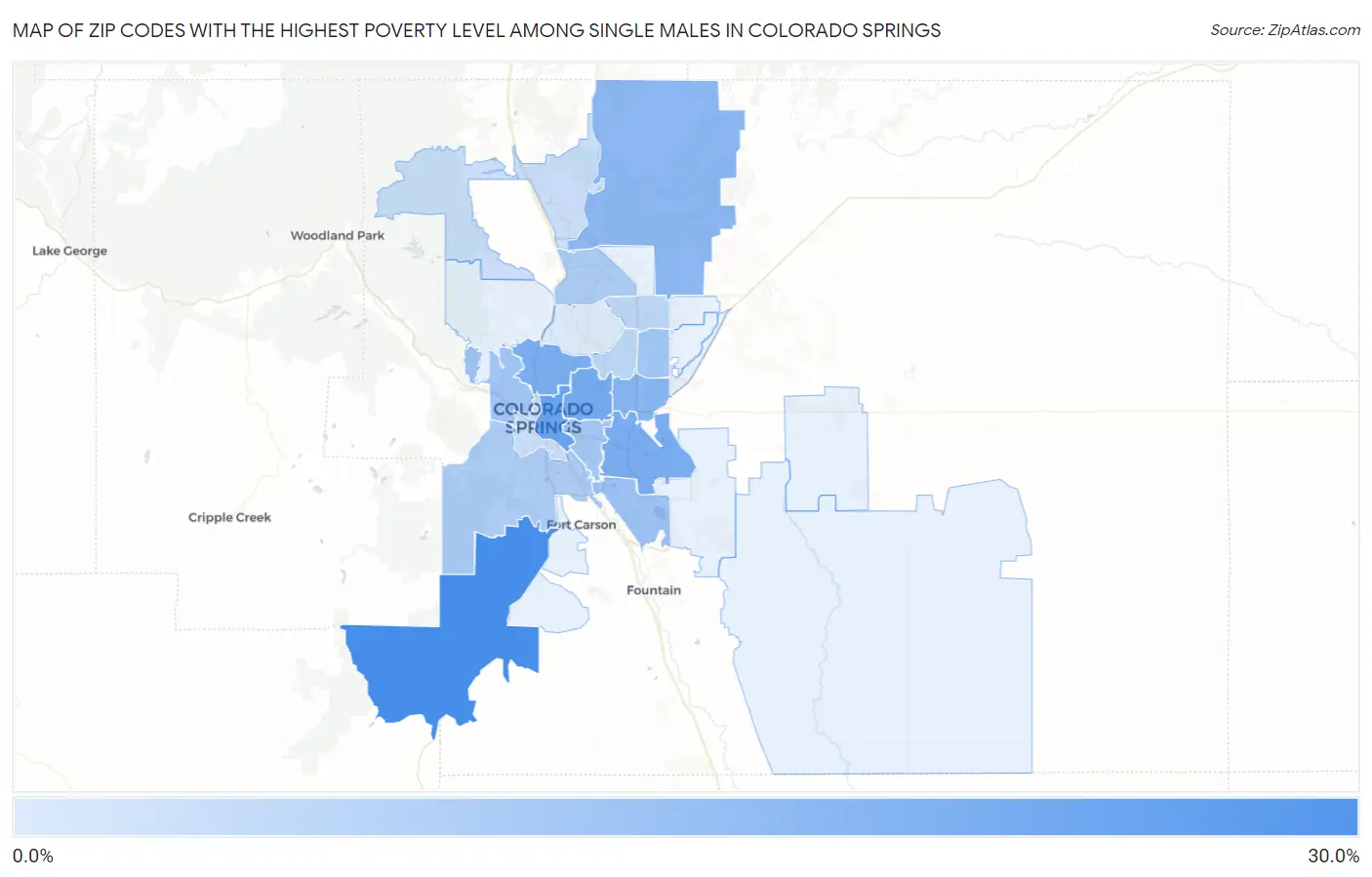 Zip Codes with the Highest Poverty Level Among Single Males in Colorado Springs Map