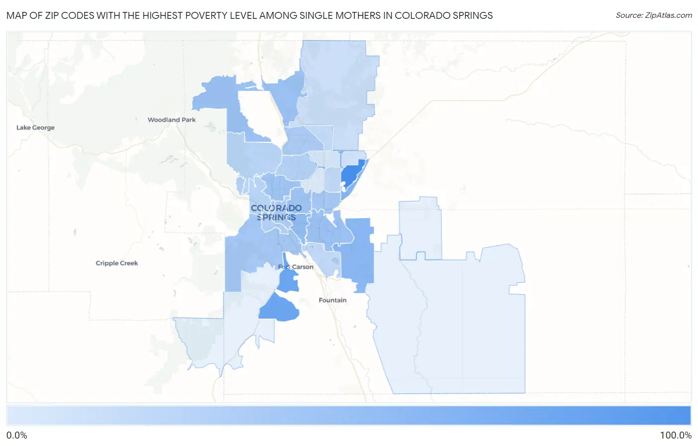 Zip Codes with the Highest Poverty Level Among Single Mothers in Colorado Springs Map