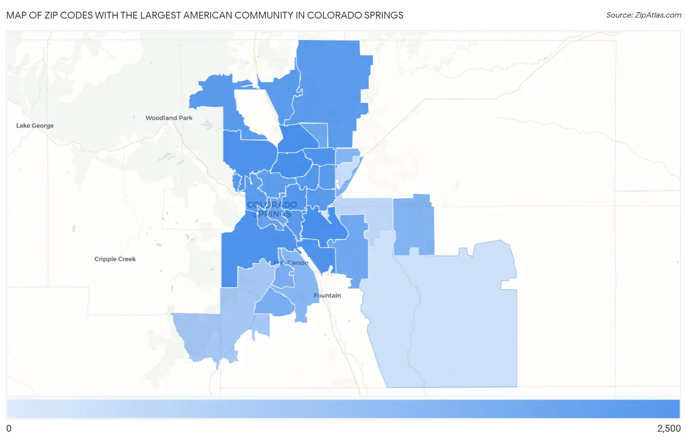 Zip Codes with the Largest American Community in Colorado Springs Map