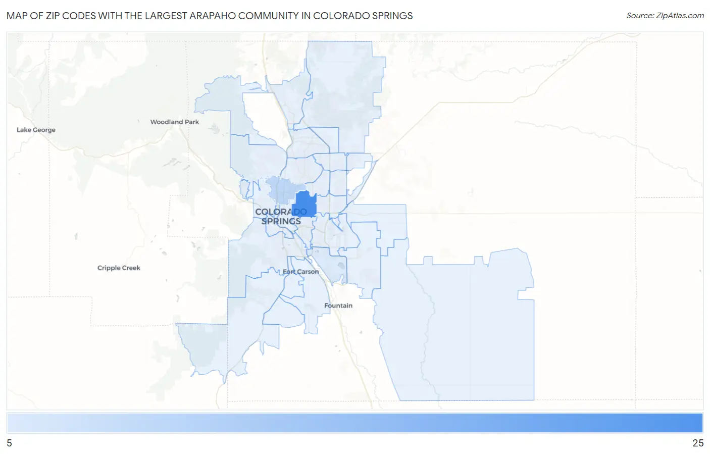 Zip Codes with the Largest Arapaho Community in Colorado Springs Map