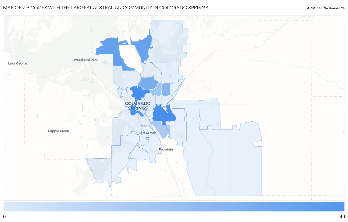 Zip Codes with the Largest Australian Community in Colorado Springs Map