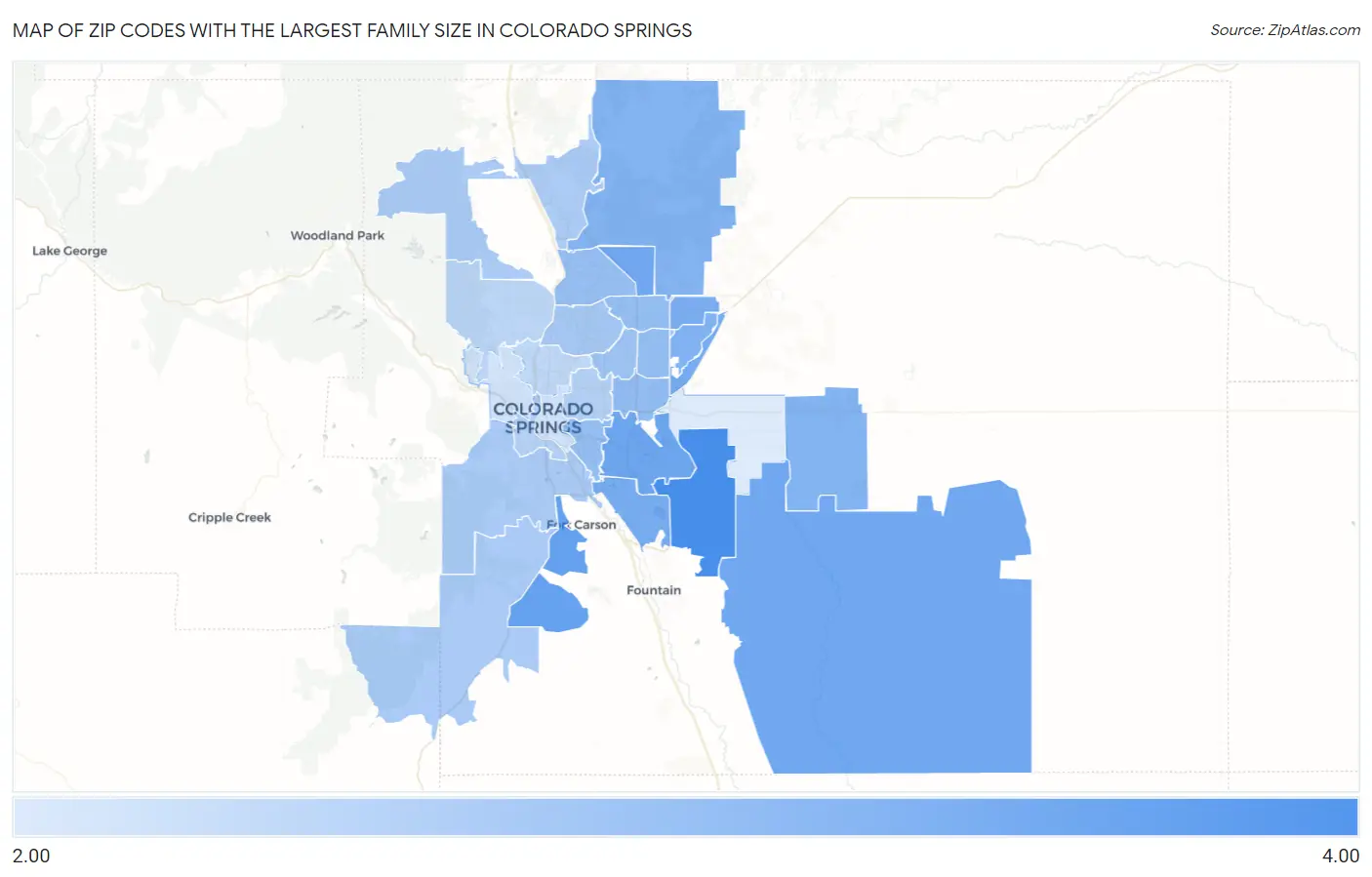 Zip Codes with the Largest Family Size in Colorado Springs Map