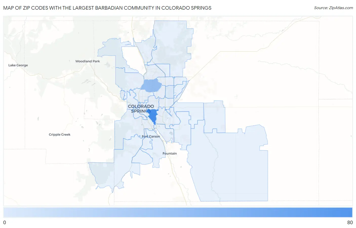 Zip Codes with the Largest Barbadian Community in Colorado Springs Map