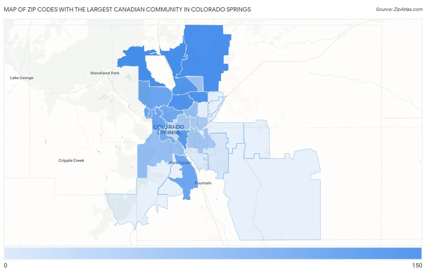 Zip Codes with the Largest Canadian Community in Colorado Springs Map