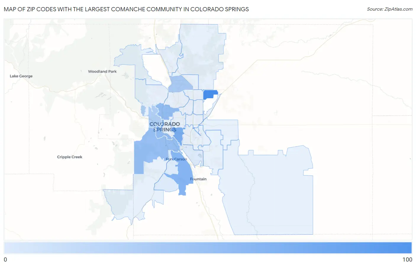 Zip Codes with the Largest Comanche Community in Colorado Springs Map