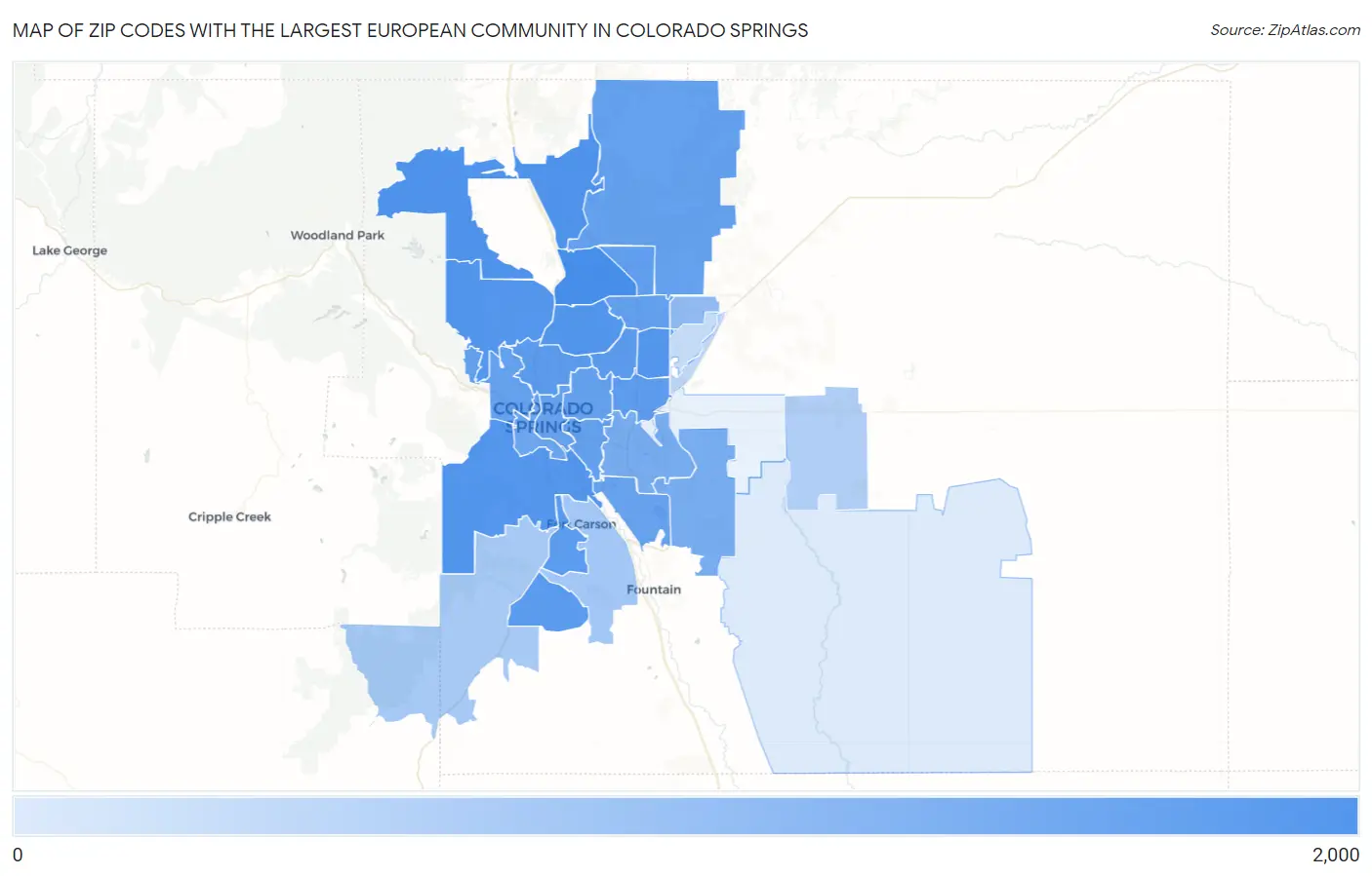Zip Codes with the Largest European Community in Colorado Springs Map