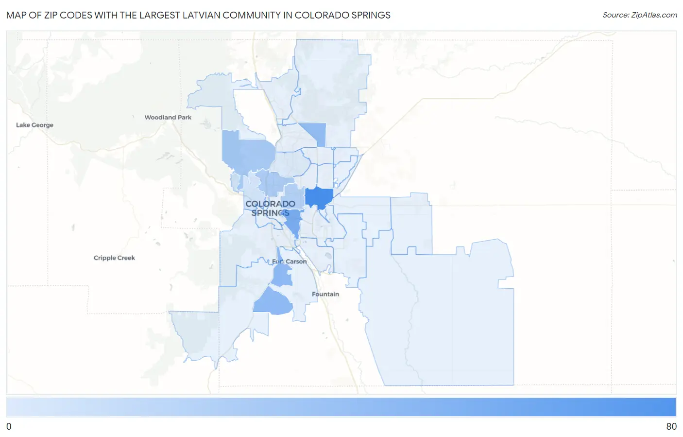 Zip Codes with the Largest Latvian Community in Colorado Springs Map