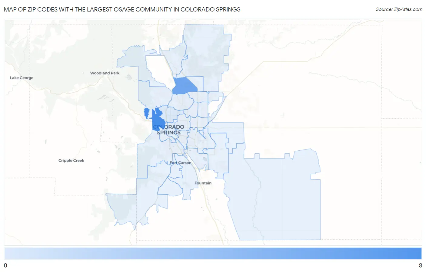 Zip Codes with the Largest Osage Community in Colorado Springs Map