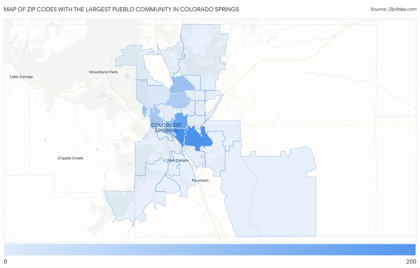 Zip Codes with the Largest Pueblo Community in Colorado Springs Map