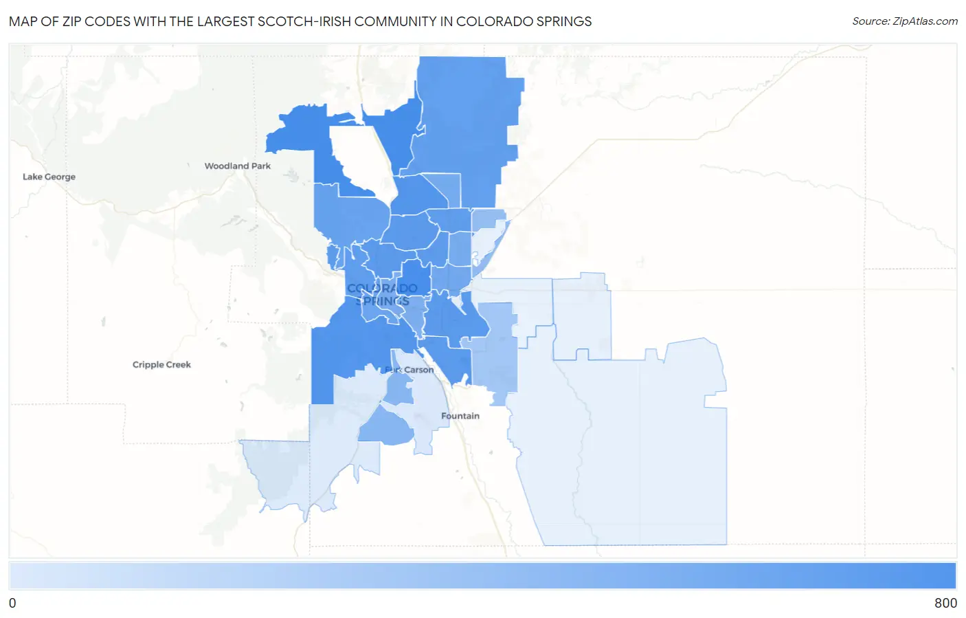 Zip Codes with the Largest Scotch-Irish Community in Colorado Springs Map
