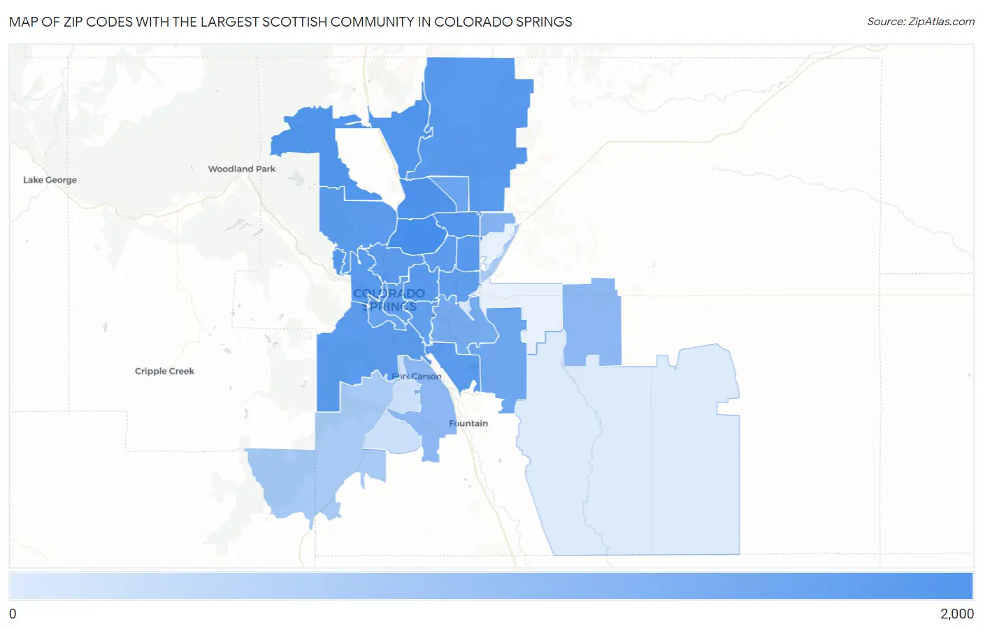 Zip Codes with the Largest Scottish Community in Colorado Springs Map