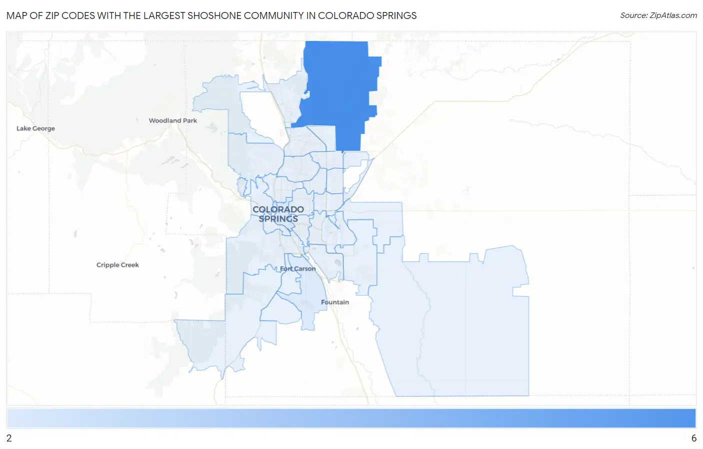 Zip Codes with the Largest Shoshone Community in Colorado Springs Map
