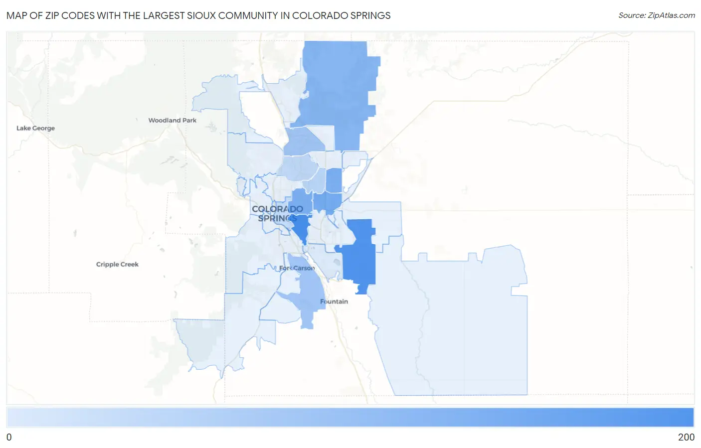 Zip Codes with the Largest Sioux Community in Colorado Springs Map