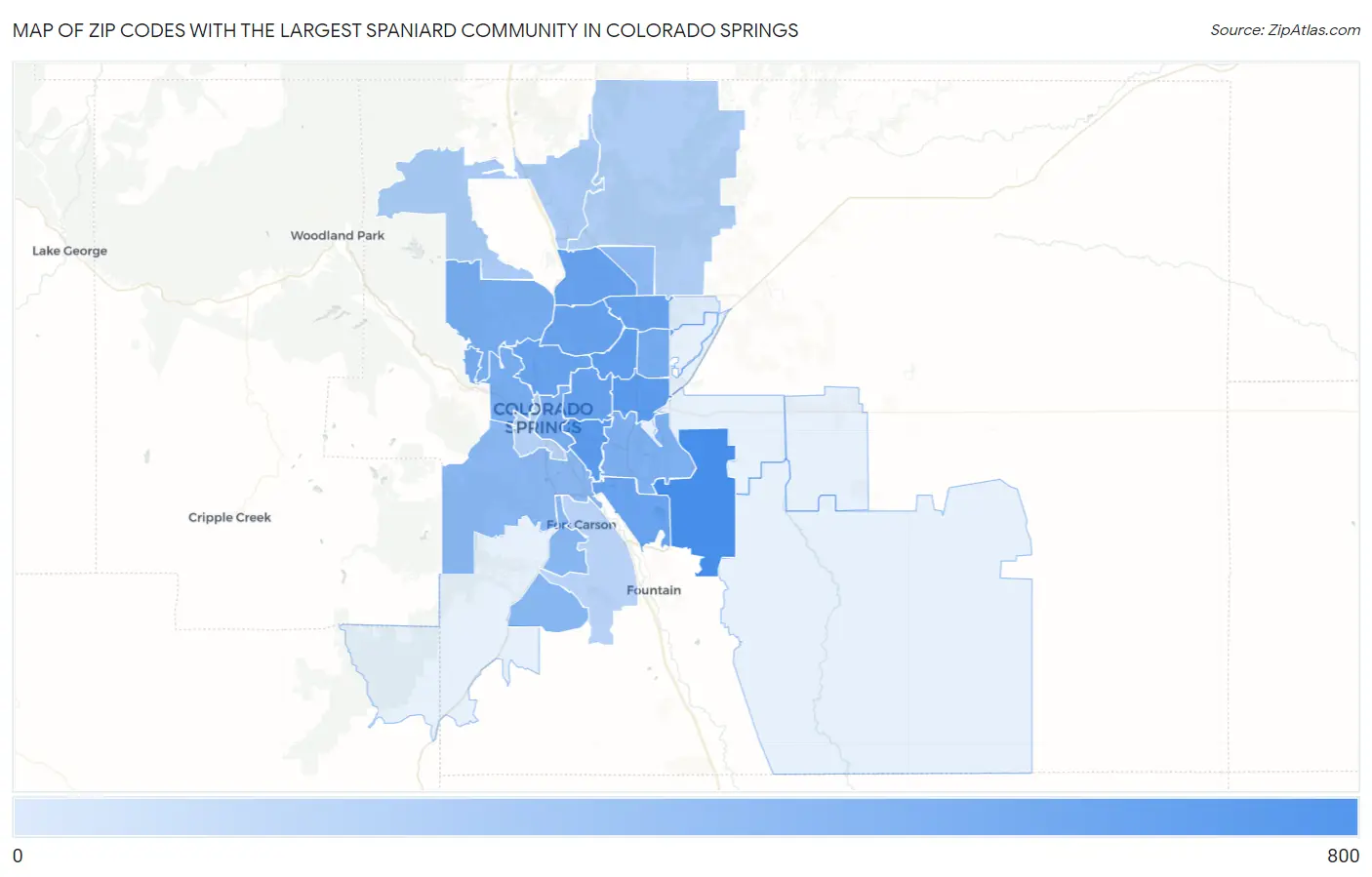 Zip Codes with the Largest Spaniard Community in Colorado Springs Map
